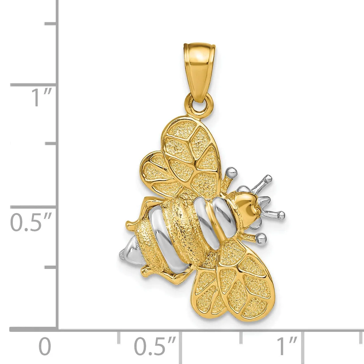 14k Yellow Gold White Rhodium Open Back Textured Polished Finish 3-Dimensional Bumblebee Design Charm Pendant