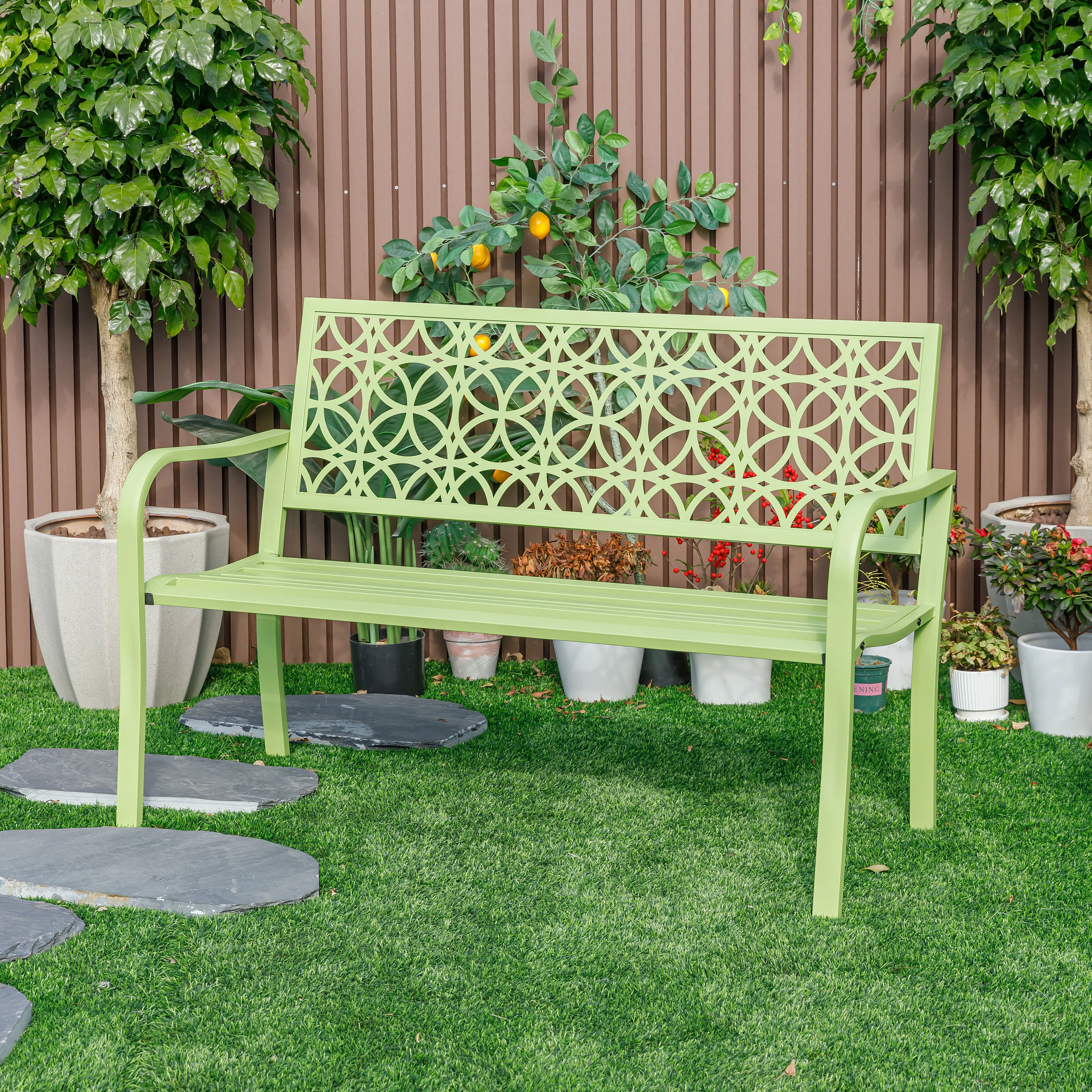 78660-B-GN -  Green Oasis Haven- All-Steel Garden Bench for Relaxation