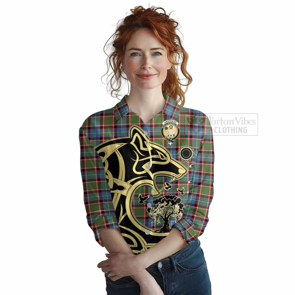 Aikenhead Tartan Women's Casual Shirt with Family Crest Celtic Wolf Style