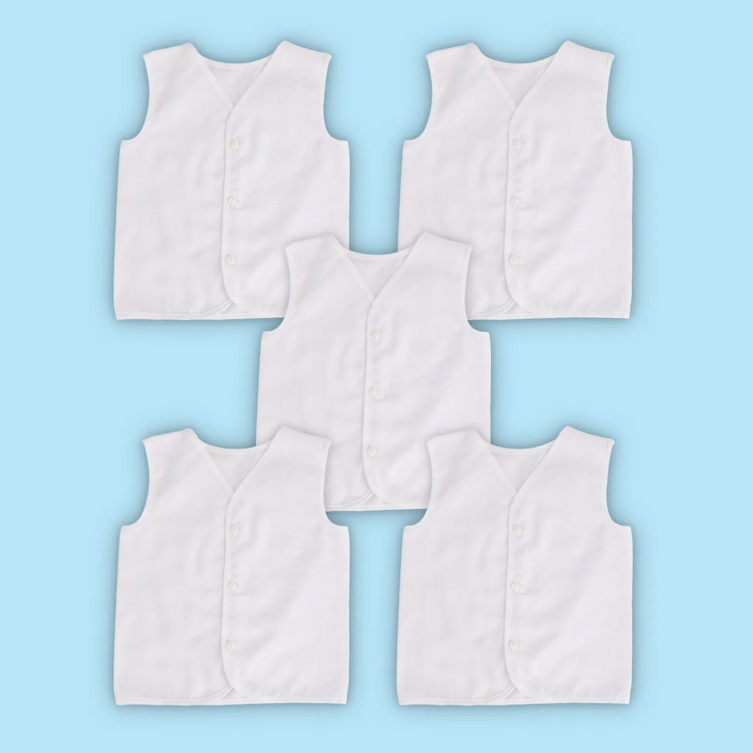 Baby Moo Solid V-Neck Sleeveless Front Opening Button Cotton Jhablas 5 Pcs - White