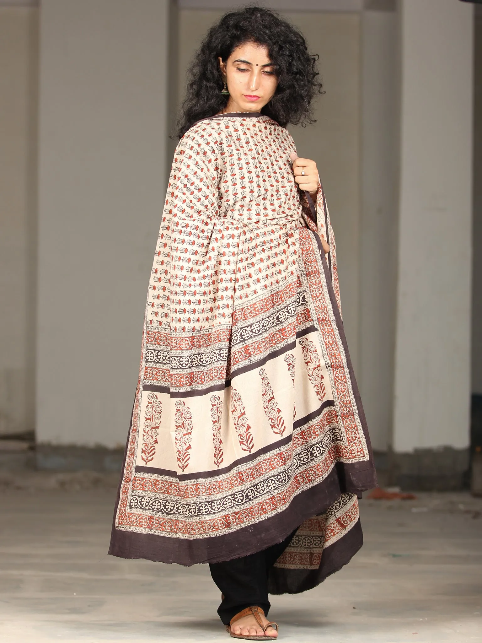 Beige Red Black Cotton Hand Block Printed Dupatta With Handmade Potli Tassels - D04170399