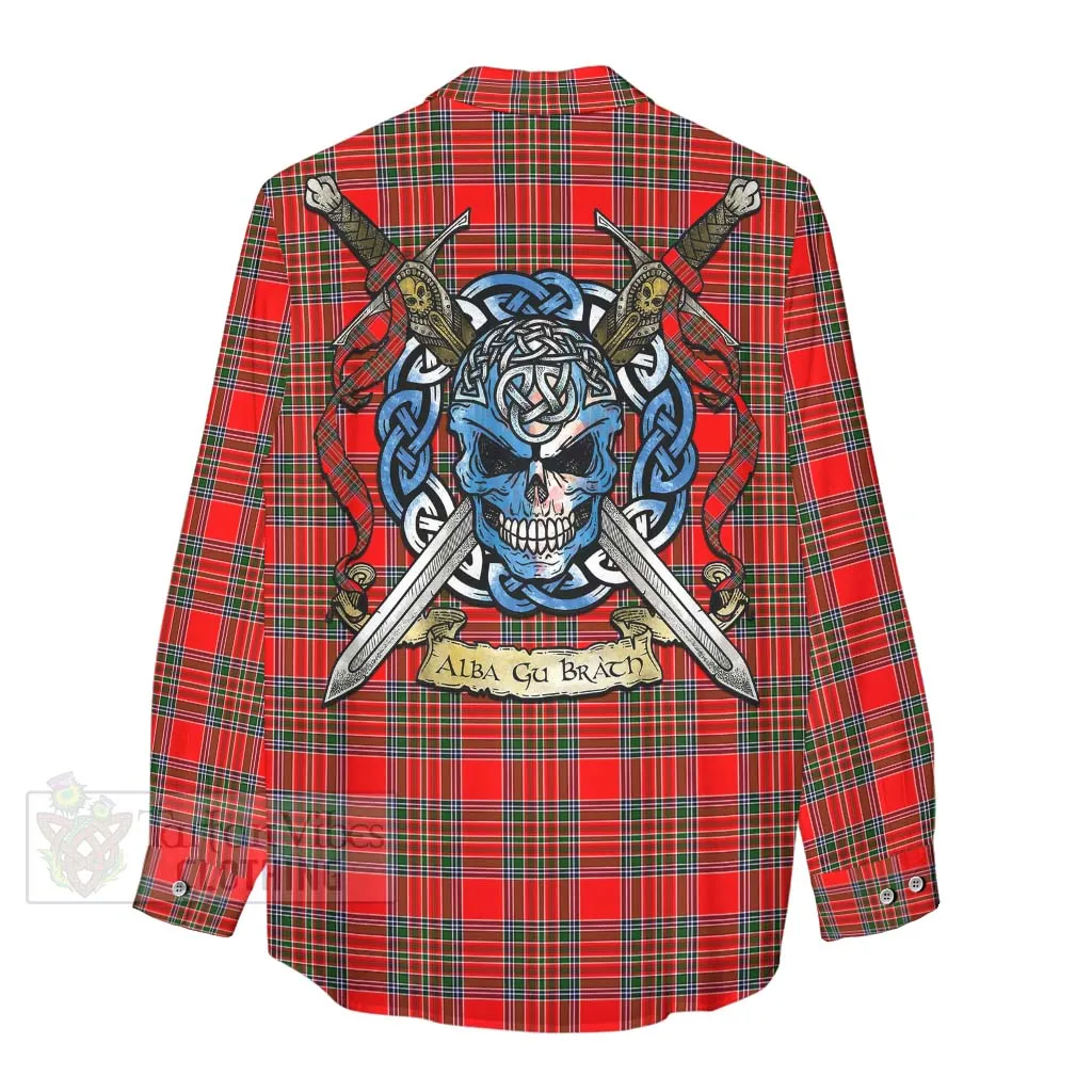 Binning Tartan Women's Casual Shirt with Family Crest Celtic Skull Style