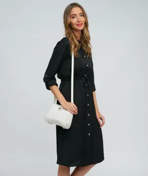 Black Satin Midi Shirt Dress with Tie Waist and Button-Front Opening