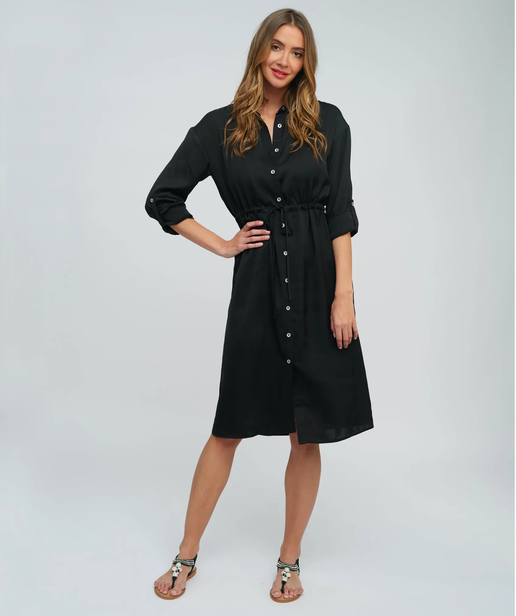 Black Satin Midi Shirt Dress with Tie Waist and Button-Front Opening