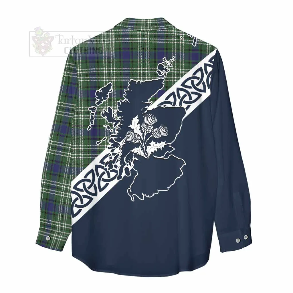 Blyth Tartan Women's Casual Shirt Featuring Thistle and Scotland Map