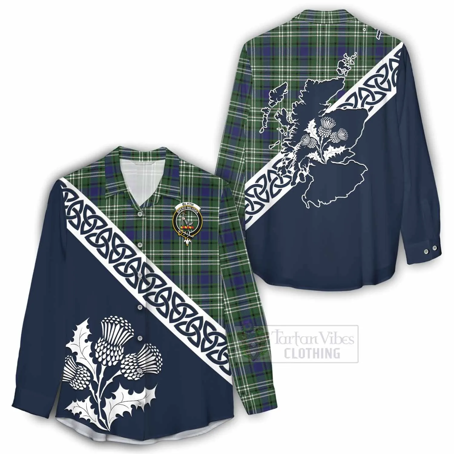 Blyth Tartan Women's Casual Shirt Featuring Thistle and Scotland Map