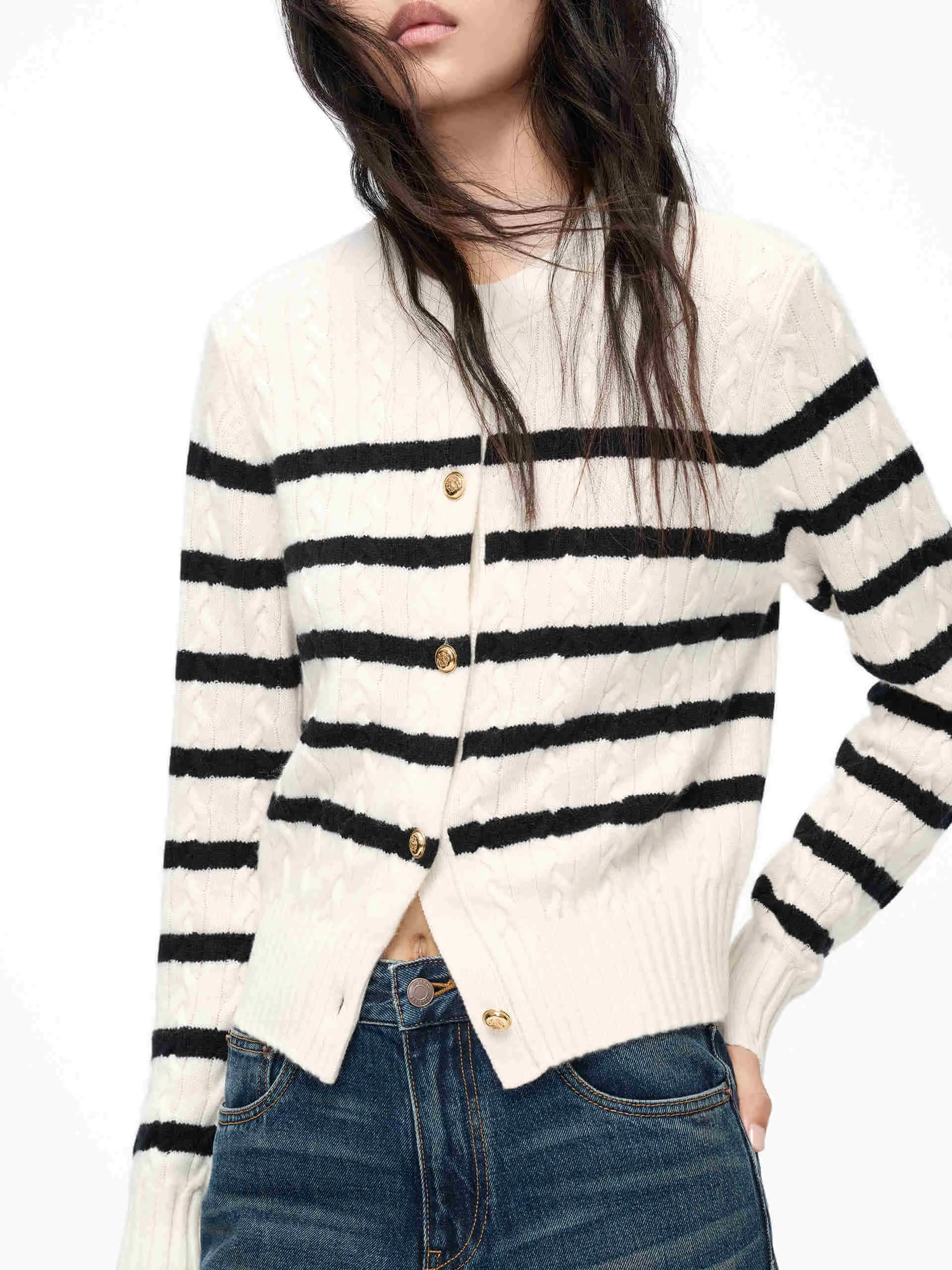 Cable Texture Striped Cardigan