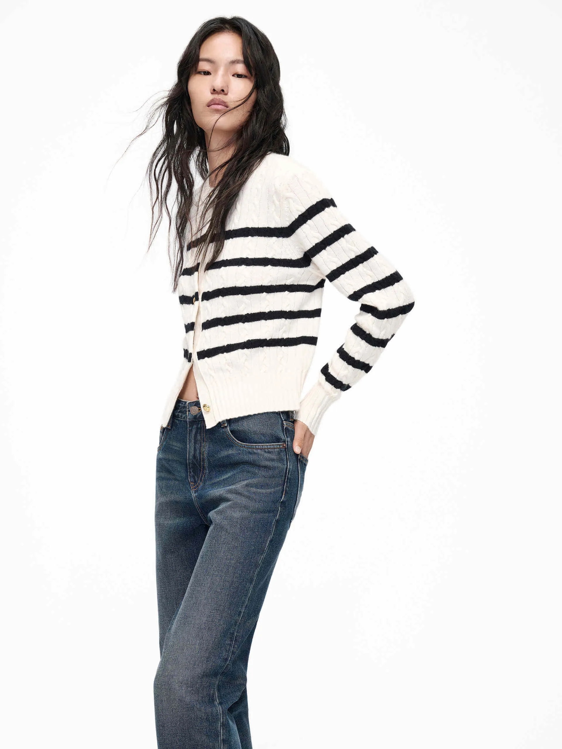 Cable Texture Striped Cardigan