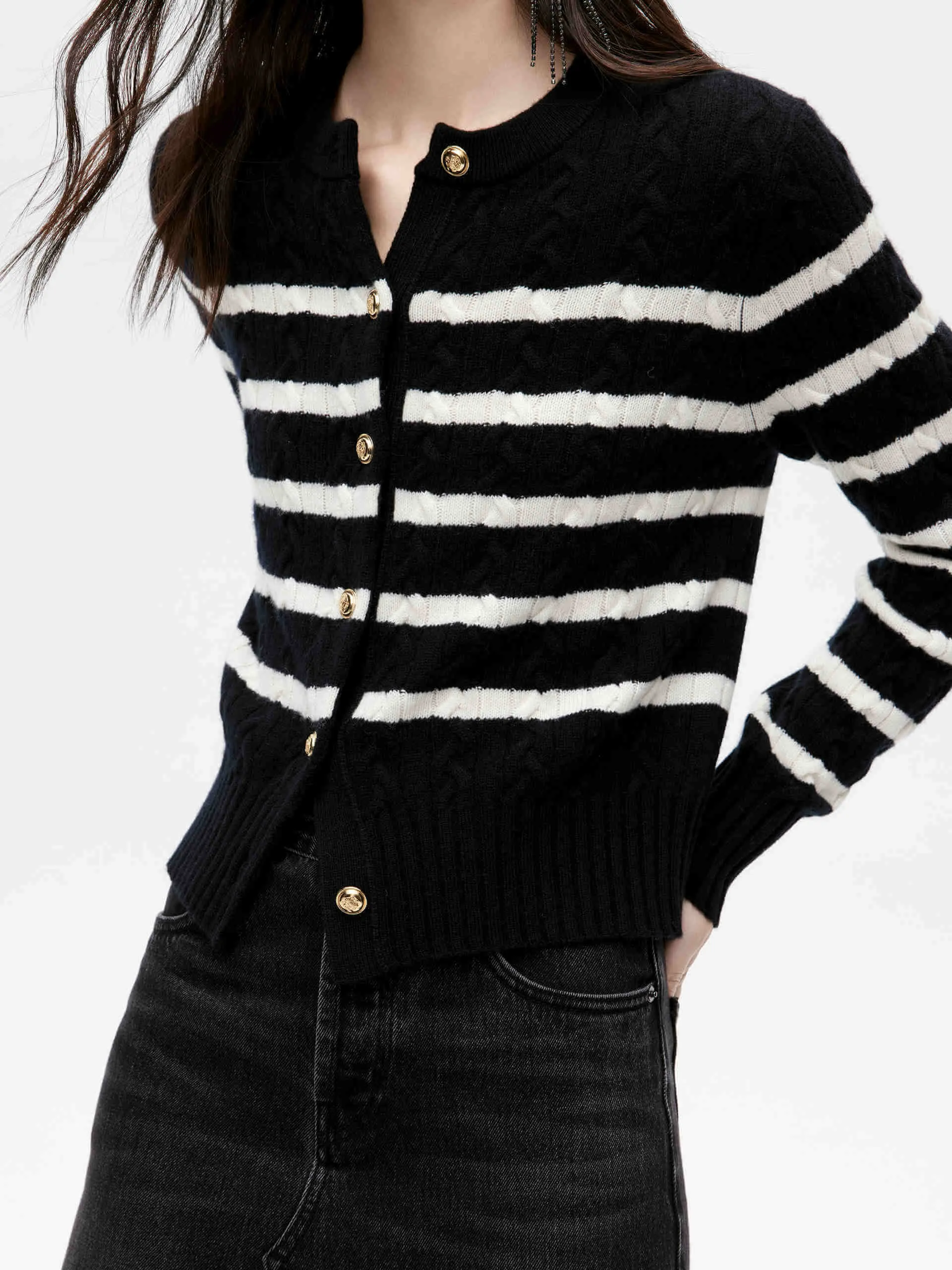 Cable Texture Striped Cardigan