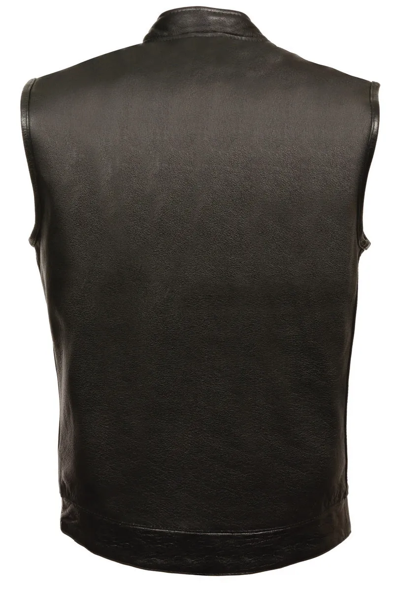 Club Vest CVM2036 Men’s Leather Black Open Collar Vest with Snap Buttons