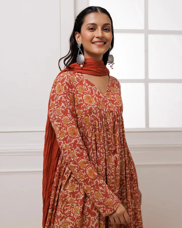 Coral Block Printed Suit Set With Dupatta