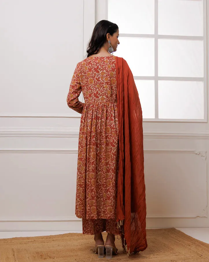 Coral Block Printed Suit Set With Dupatta