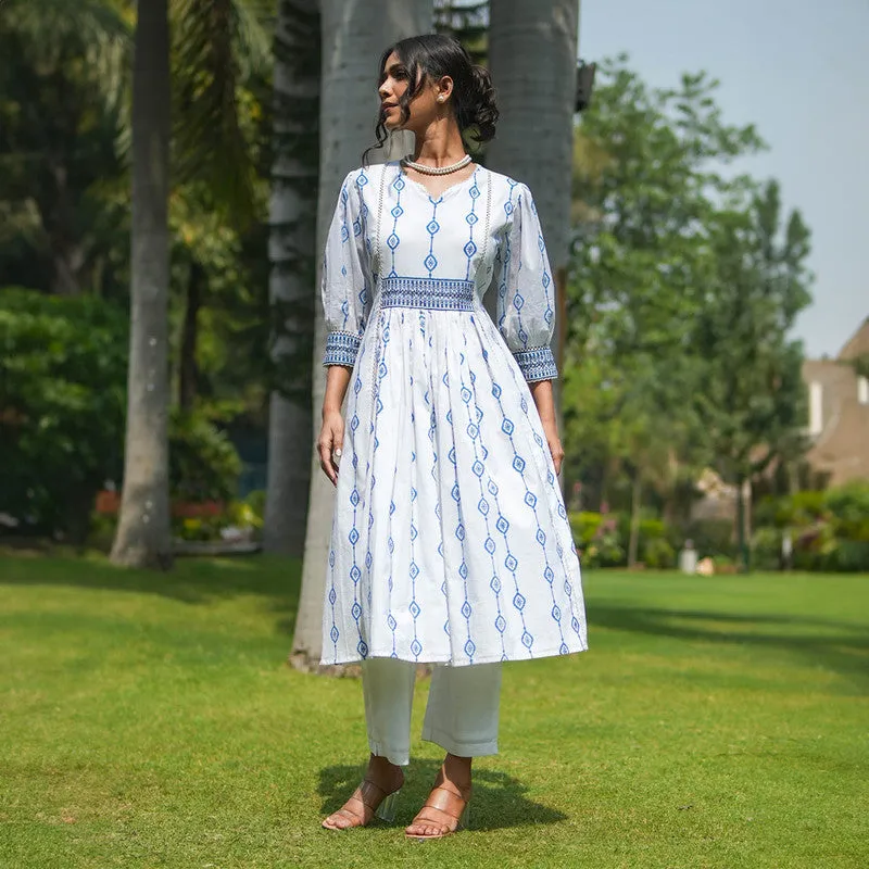 Cotton White Kurta for Women | Back Tie-up | Block Printed