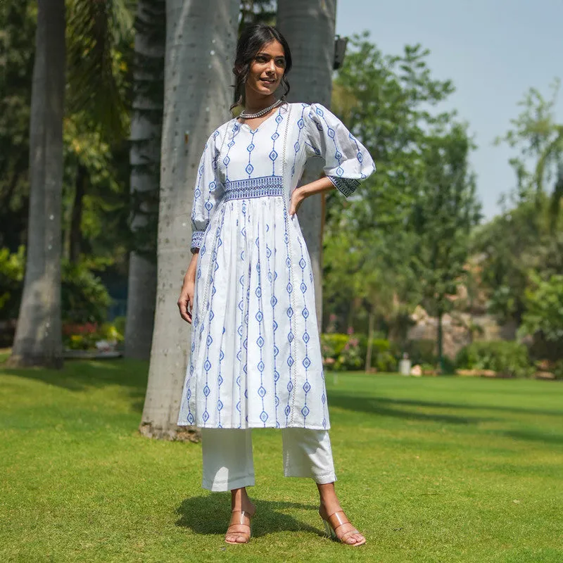 Cotton White Kurta for Women | Back Tie-up | Block Printed