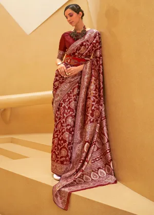 Crimson Red Lucknowi Chikankari Weaving Silk Saree