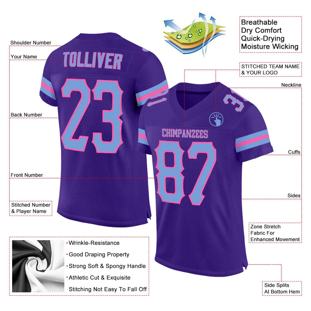 Custom Purple Light Blue-Pink Mesh Authentic Football Jersey