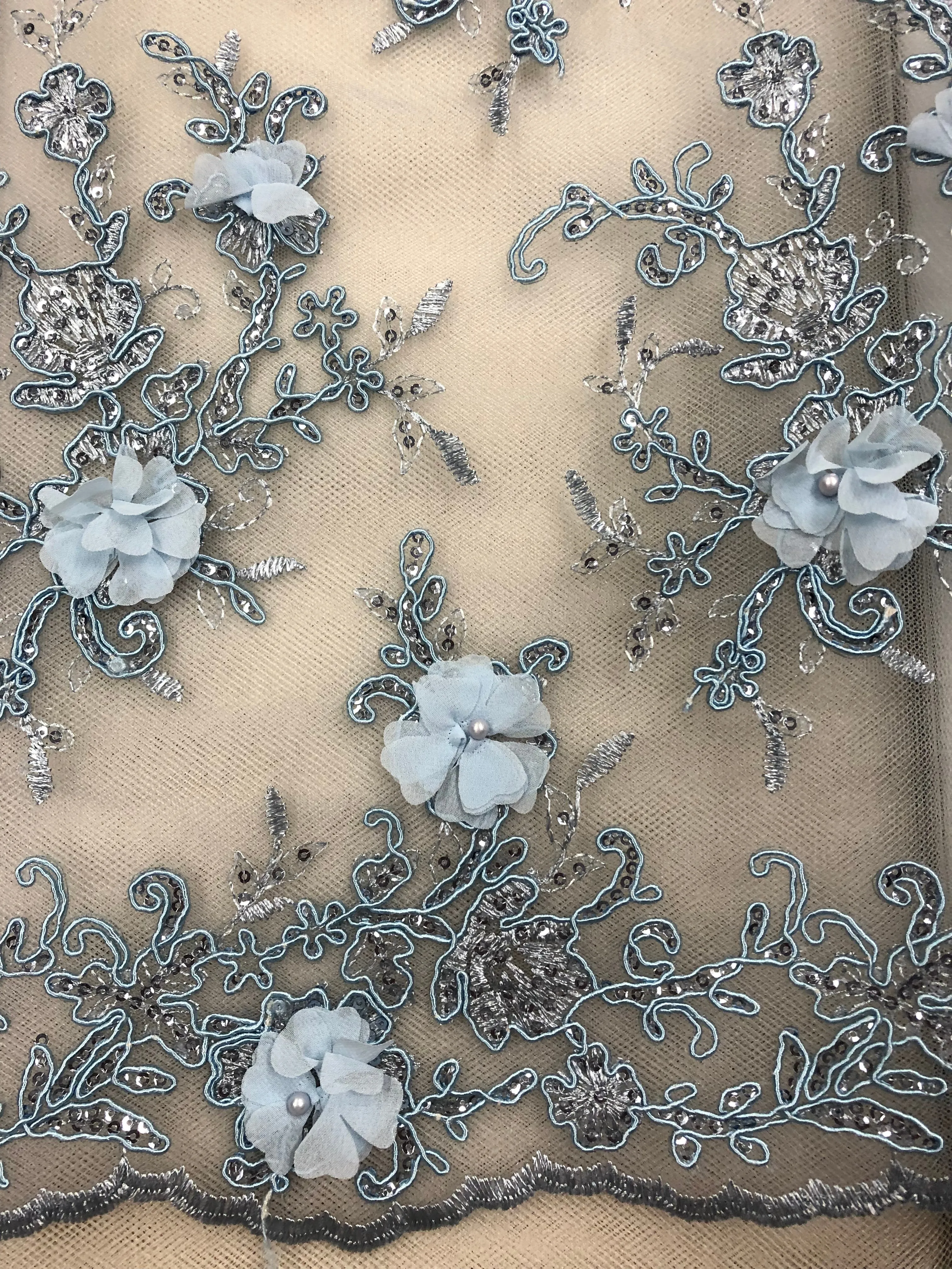 Fancy Lace - 52-inches Wide Corded Sequined Embroidered 3D Blue Only One 3/4-yard Piece Left!