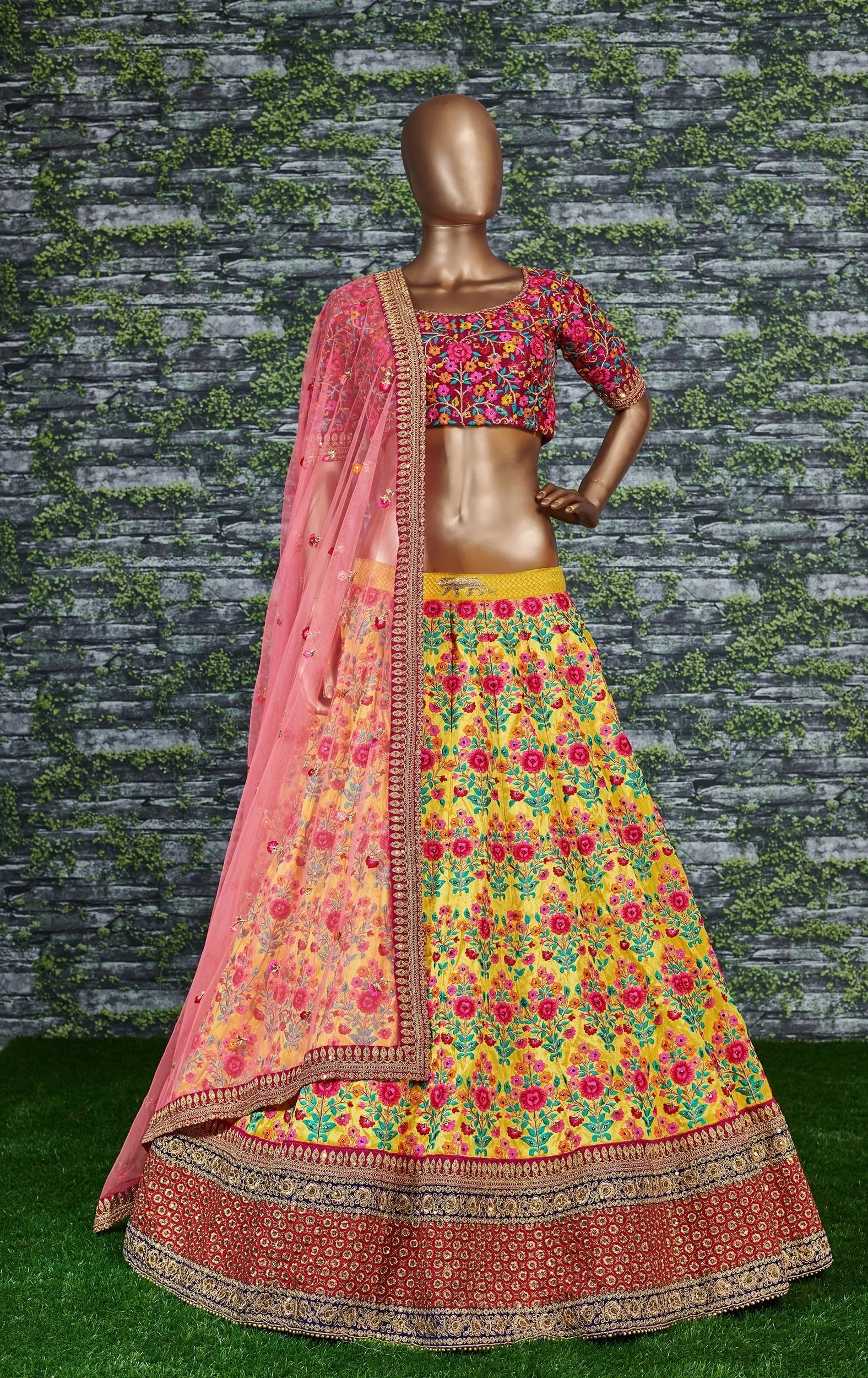 Flamboyant Yellow-Pink Colored Bridal wear Embroidered Lehenga Choli