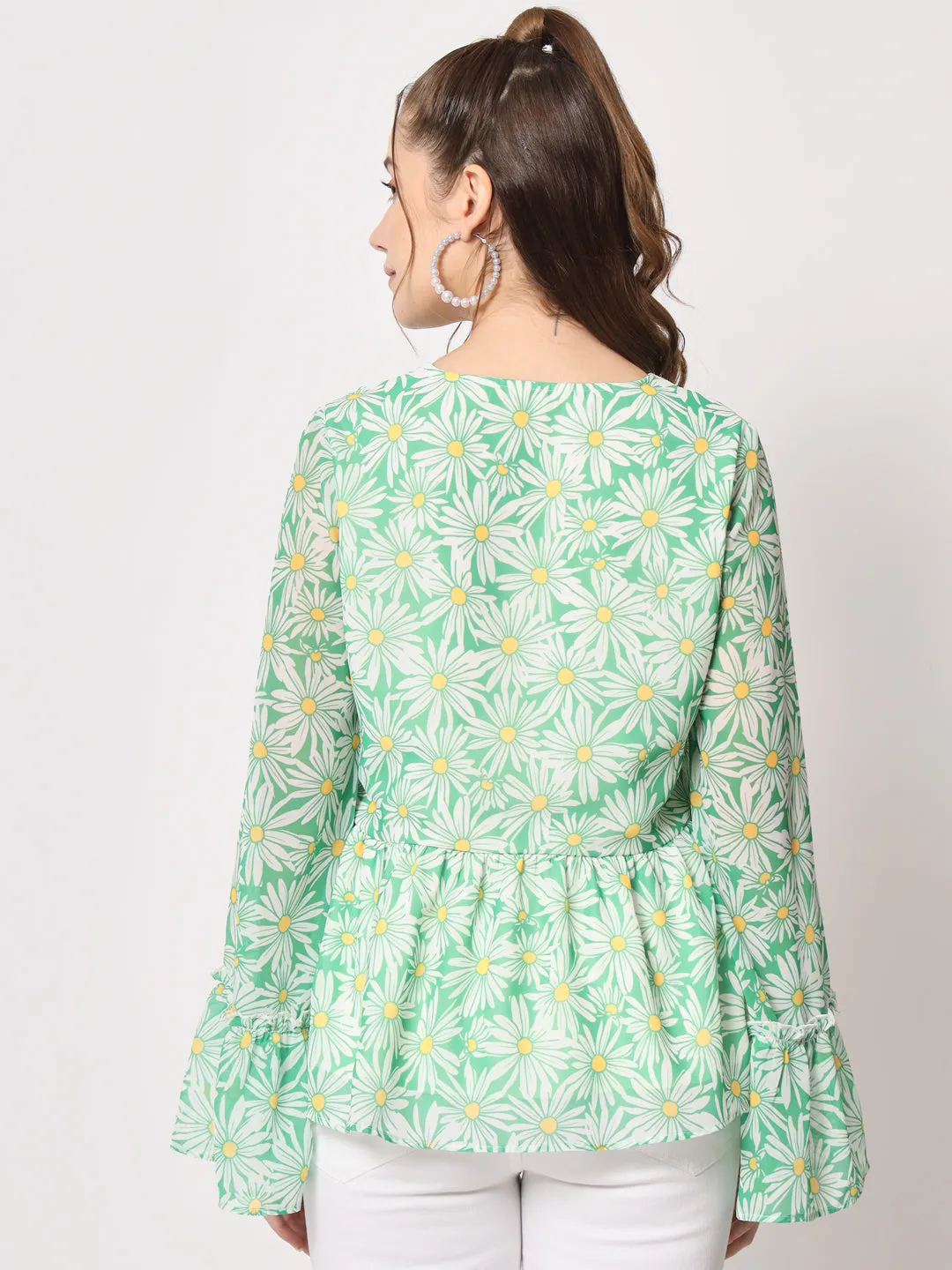 Floral Printed Bell Sleeves V-Neck Pleated Cinched Waist Top