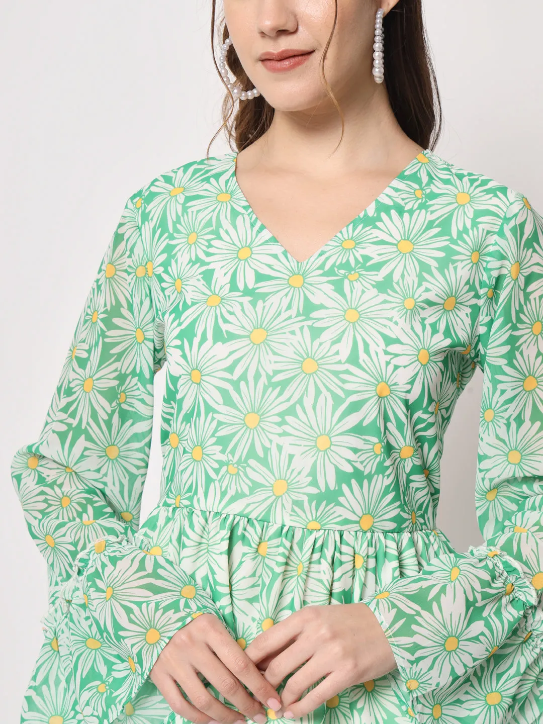 Floral Printed Bell Sleeves V-Neck Pleated Cinched Waist Top