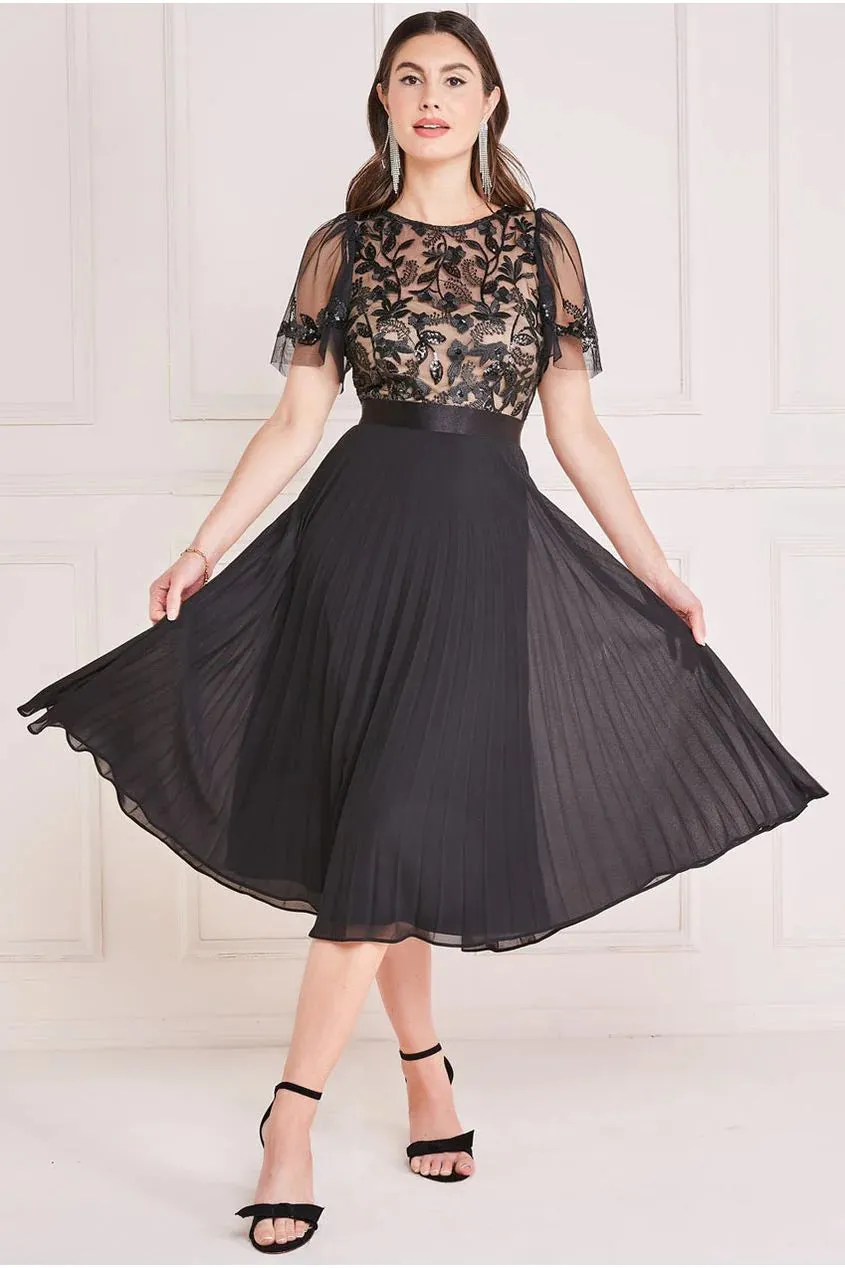 Goddiva Embroidered Top Chiffon Pleated Midi