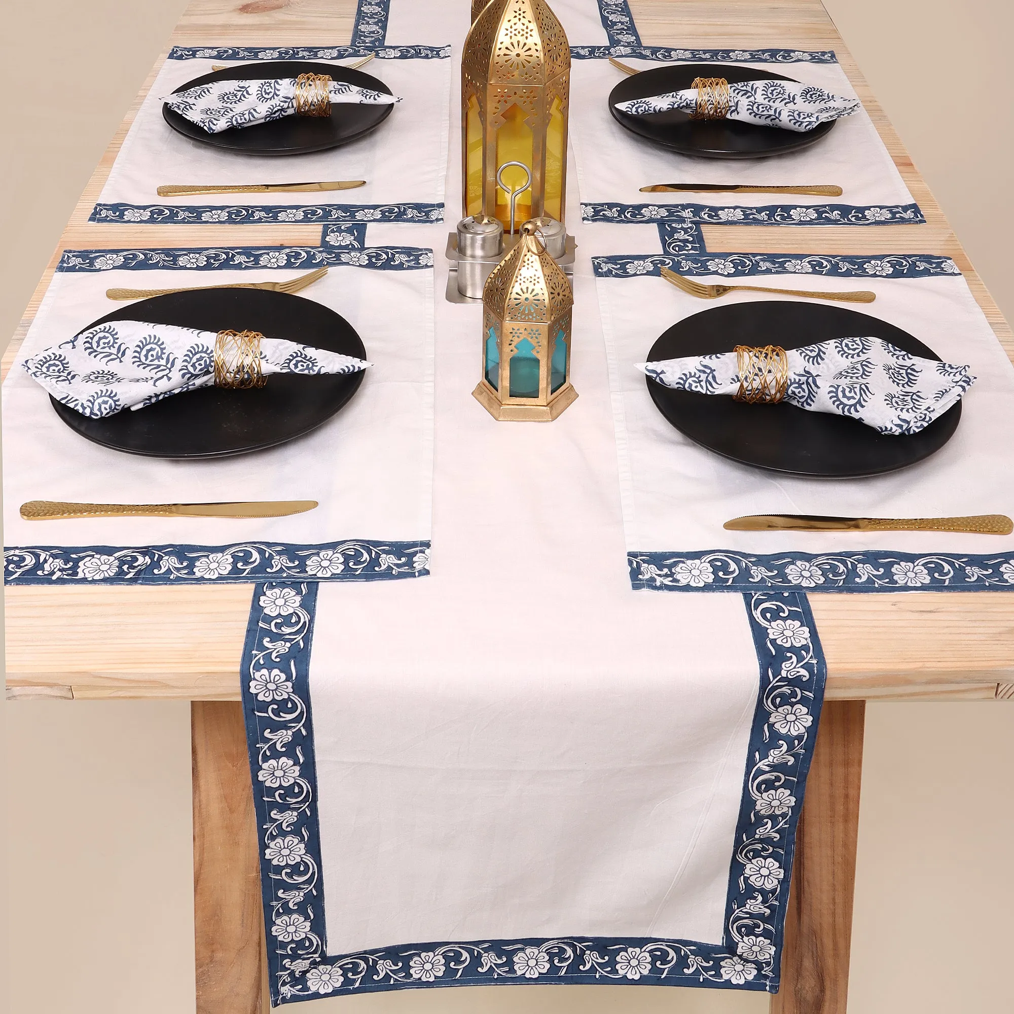 Hand Block Floral Printed Cotton Table Runner