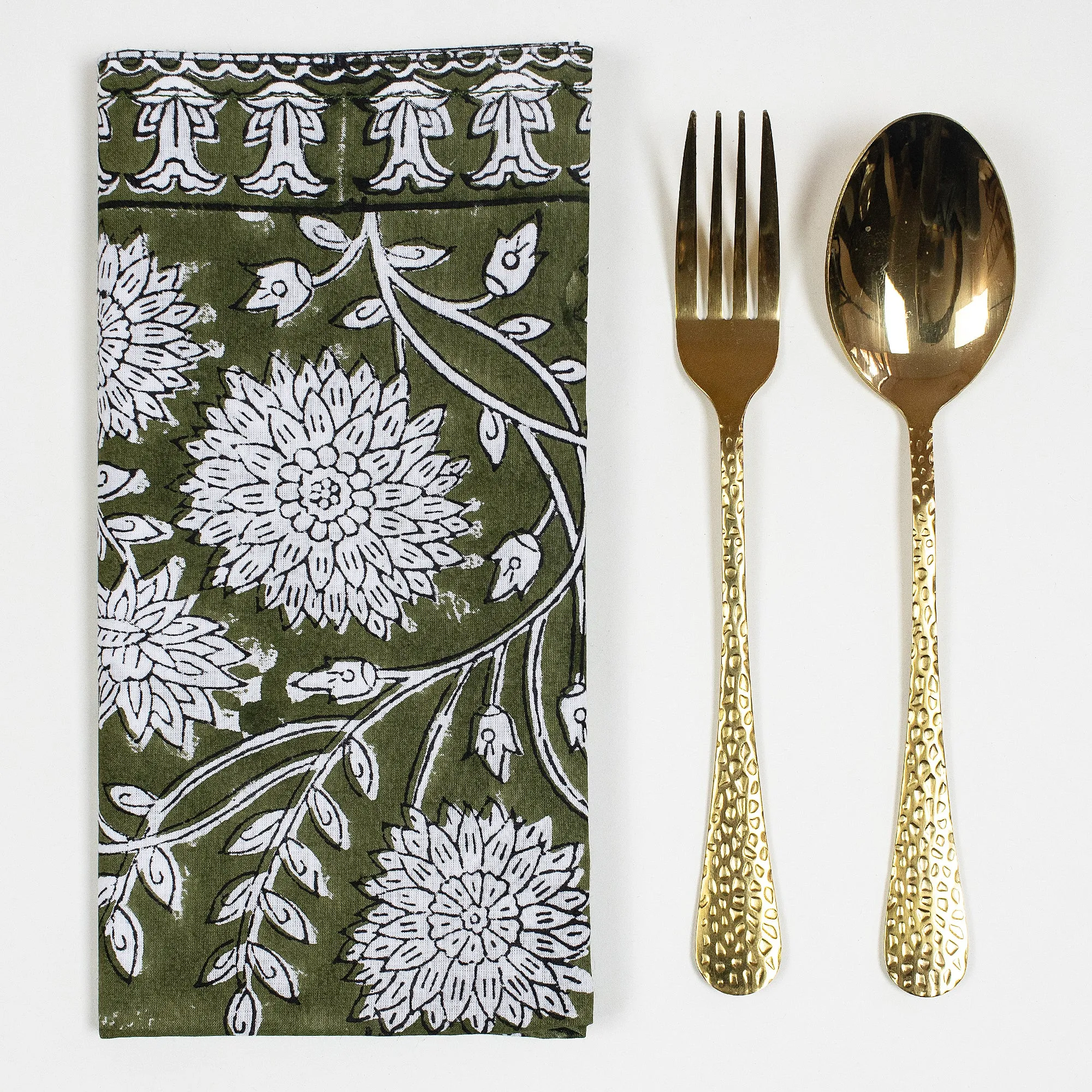 Hand Block Green Floral Printed Cotton Napkins