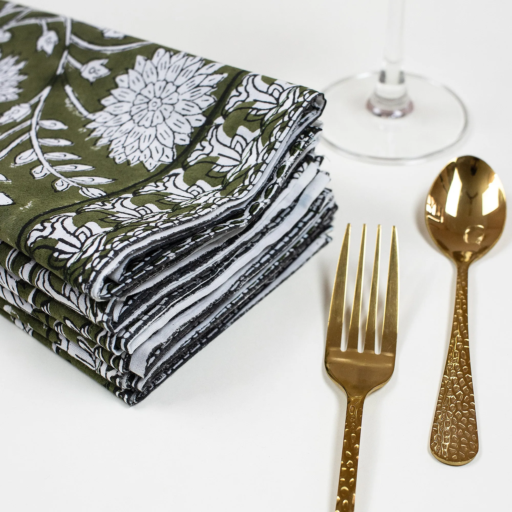 Hand Block Green Floral Printed Cotton Napkins