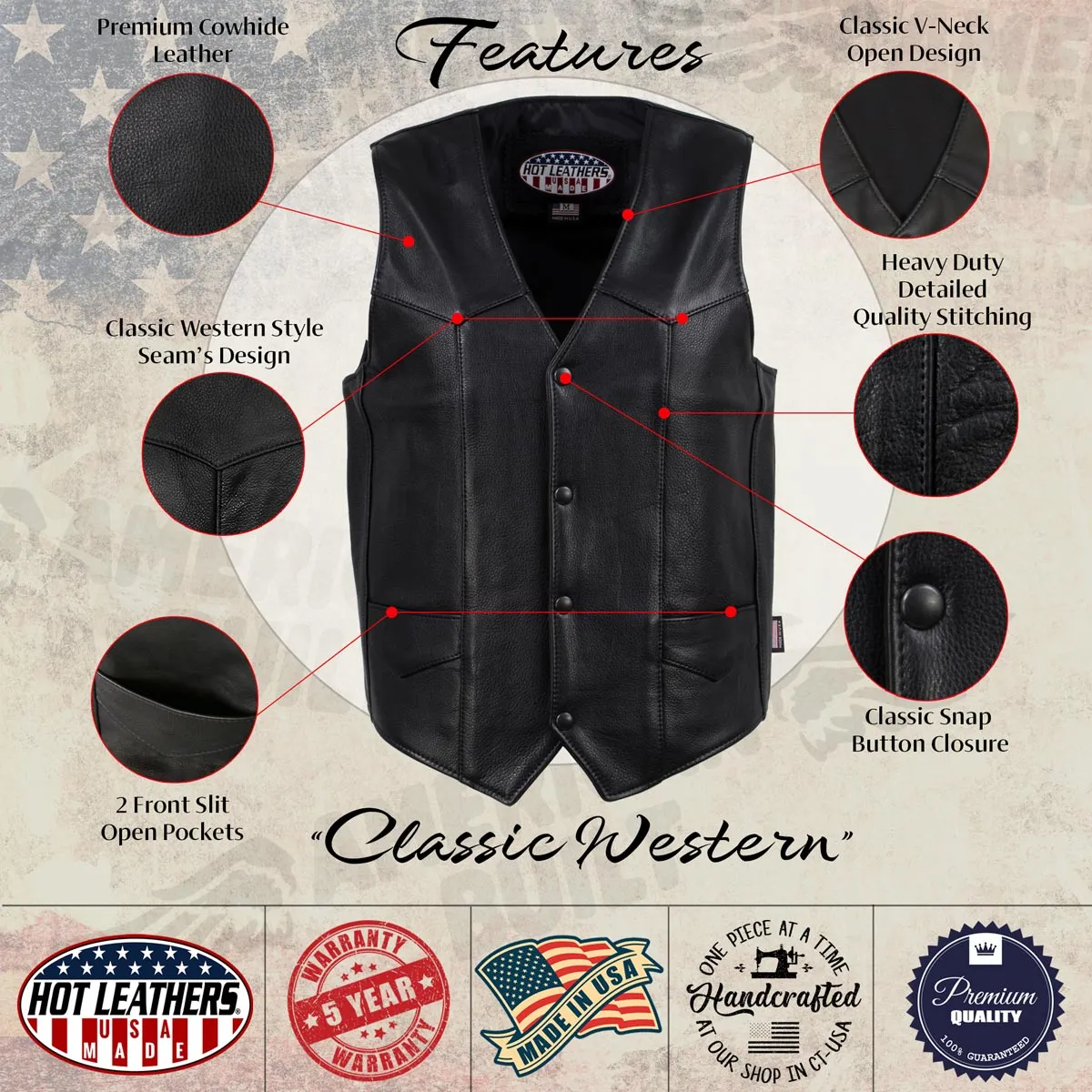 Hot Leathers VSM5006 USA Made Men's 'Classic Western' Black Premium Leather Vest