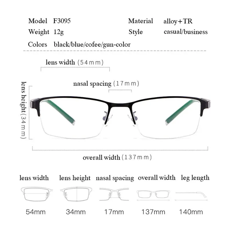 Hotochki Mens Semi Rim Rectangle Alloy Eyeglasses F3095