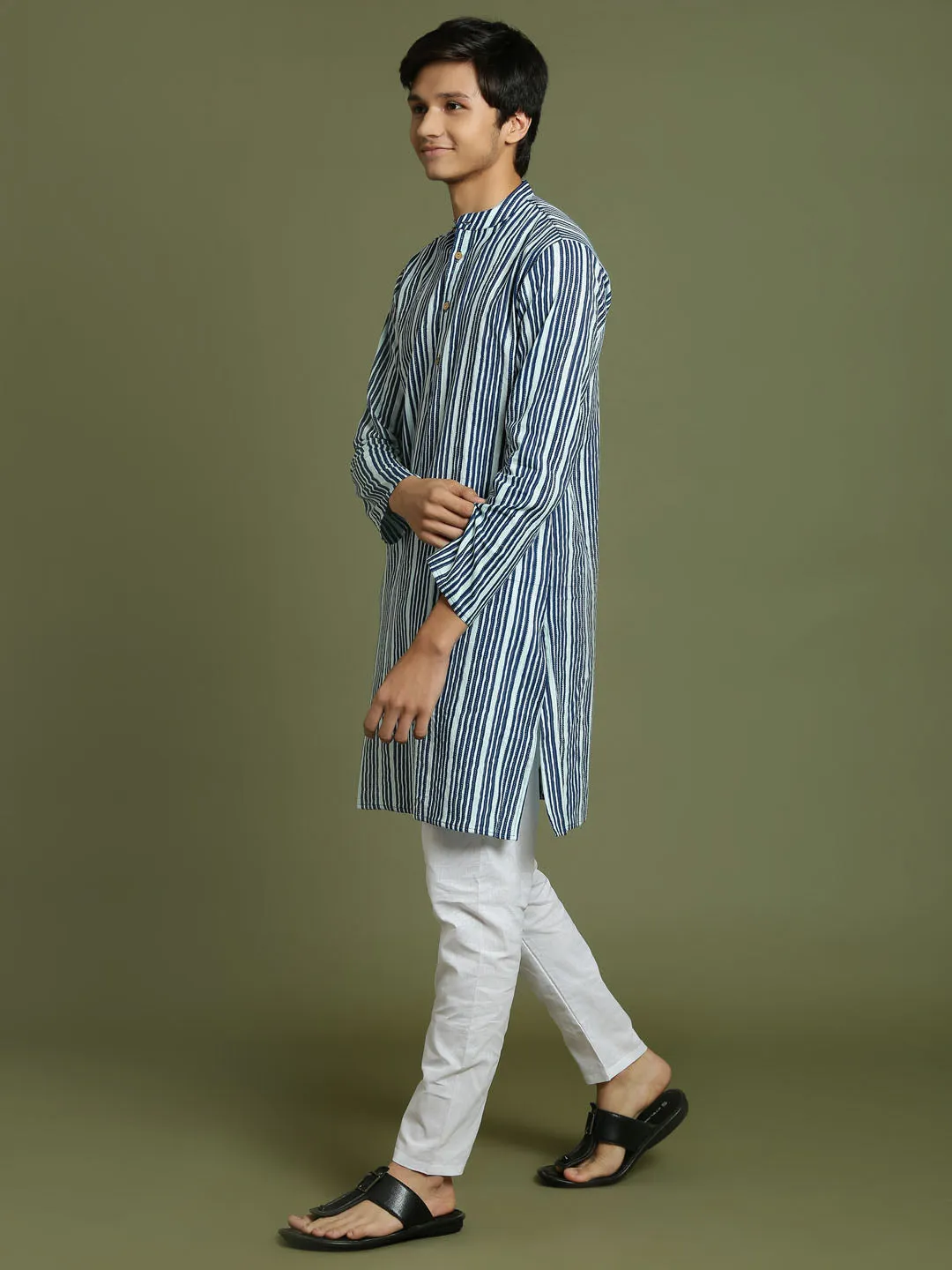 Jashvi Boys' Indigo Blue Striped Kurta And Pyjama Set