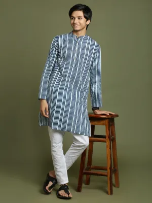 Jashvi Boys' Indigo Blue Striped Kurta And Pyjama Set