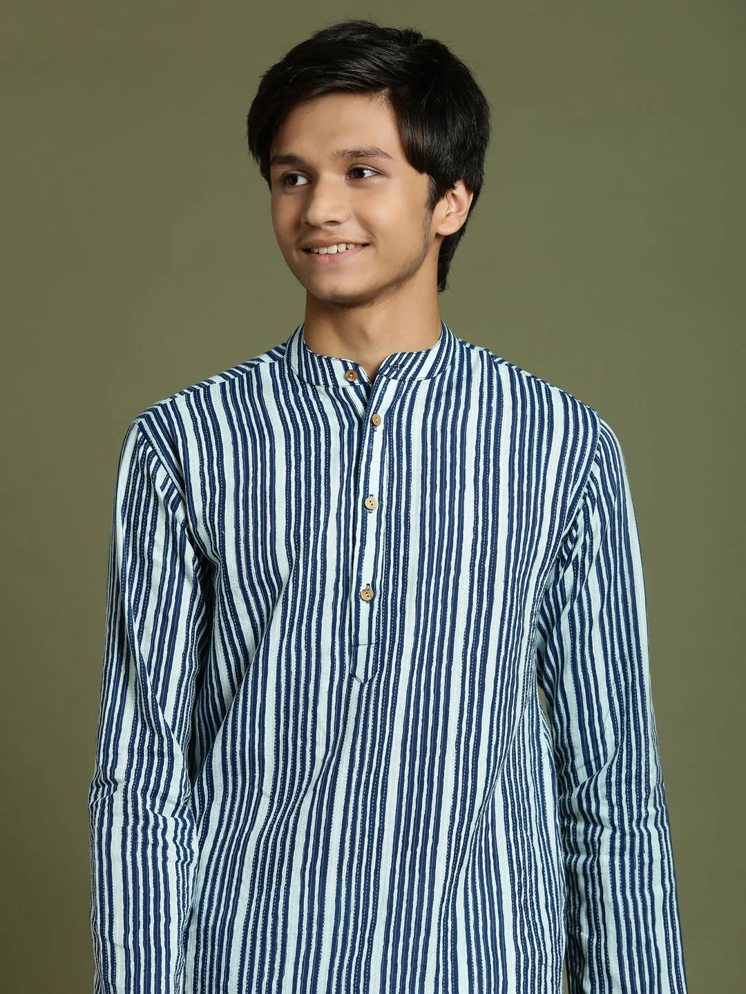 Jashvi Boys' Indigo Blue Striped Kurta And Pyjama Set