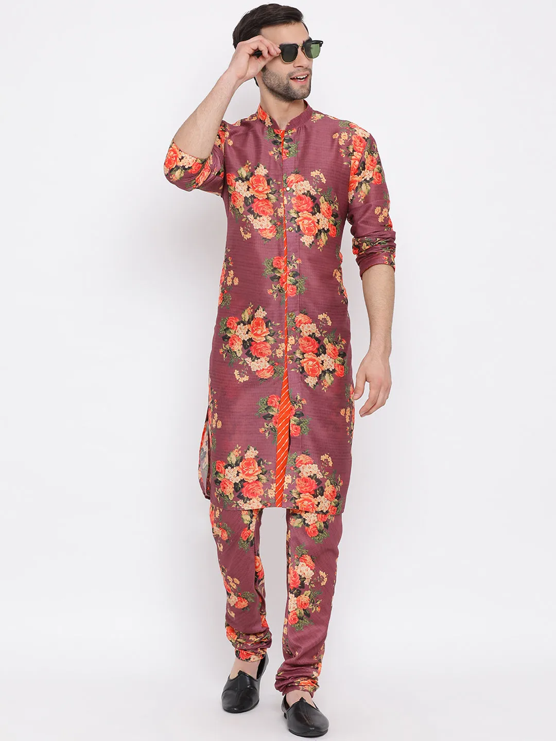 Jashvi Maroon Twill Jacket, Printed Kurta and Pyjama Set