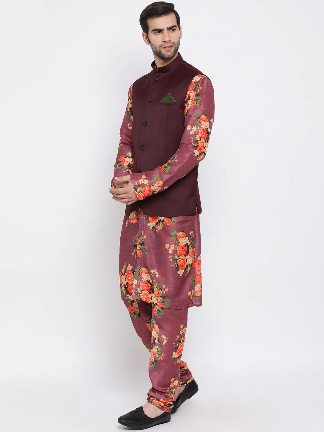 Jashvi Maroon Twill Jacket, Printed Kurta and Pyjama Set