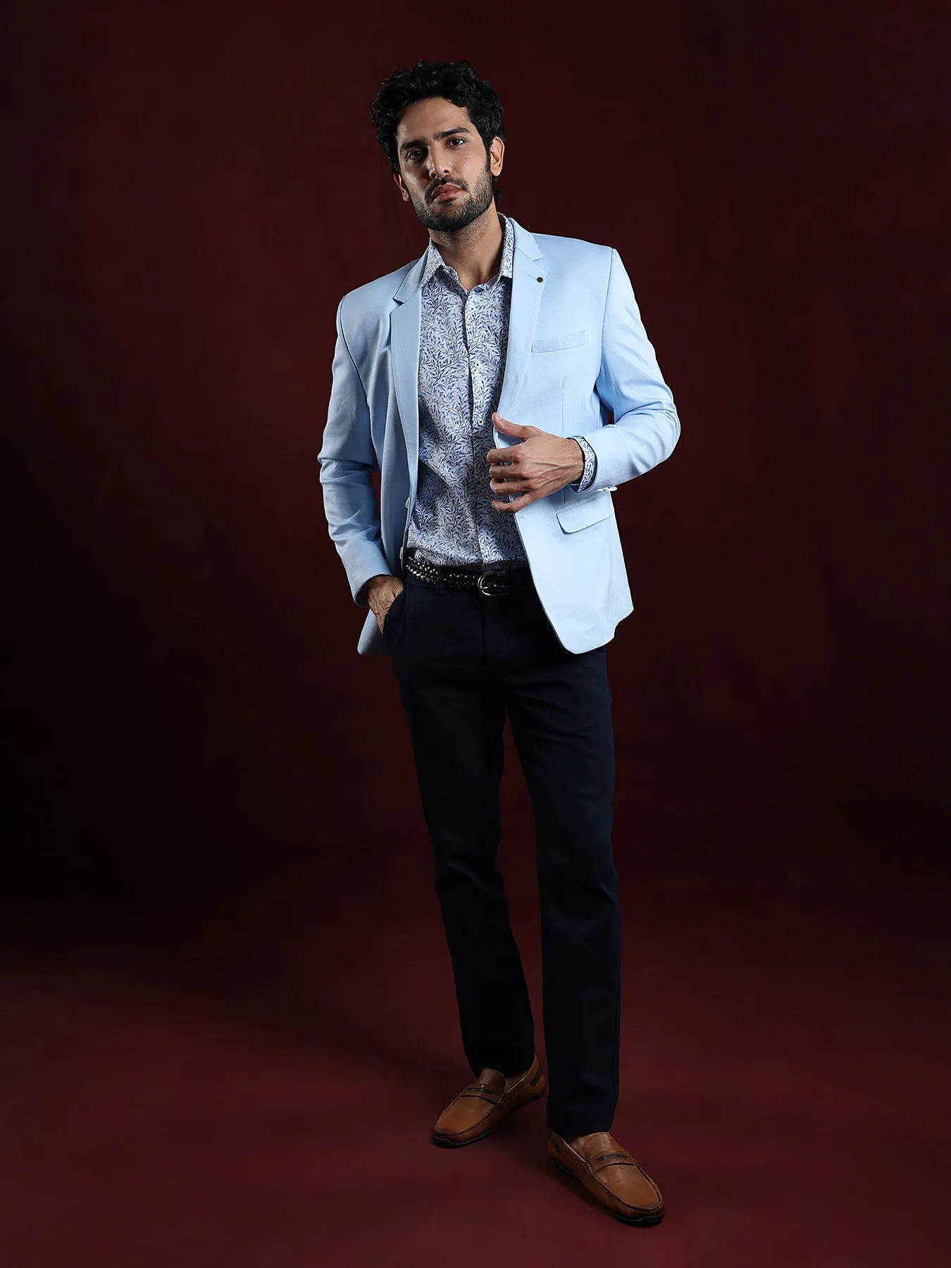 Knitted Light Blue Dobby Slim Fit Full Sleeve Casual Blazer