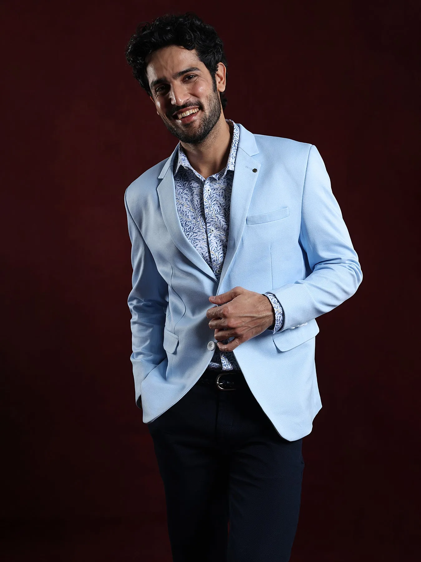 Knitted Light Blue Dobby Slim Fit Full Sleeve Casual Blazer