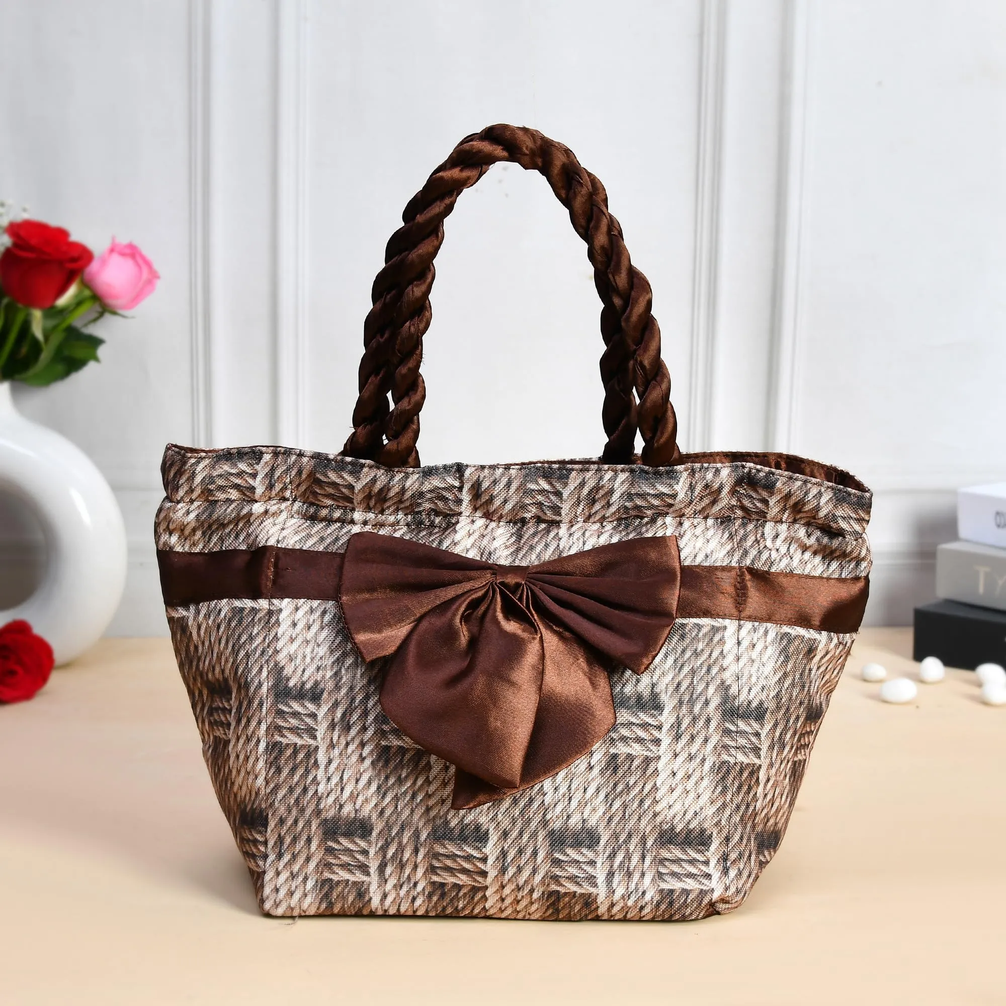 Kuber Industries Hand Purse | Polyester Hand Bag | Woman Shoulder Bag | Top Handle Handbag | Gifting Hand Purse | Ladies Tote Purse | Bow Chatai Printed Handbag | Brown