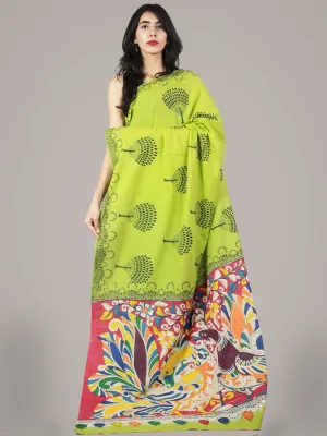 Lime Green Hand Shibori Dyed Cotton Saree With Multi Color Kalamkari Printed Pallu - S031701707