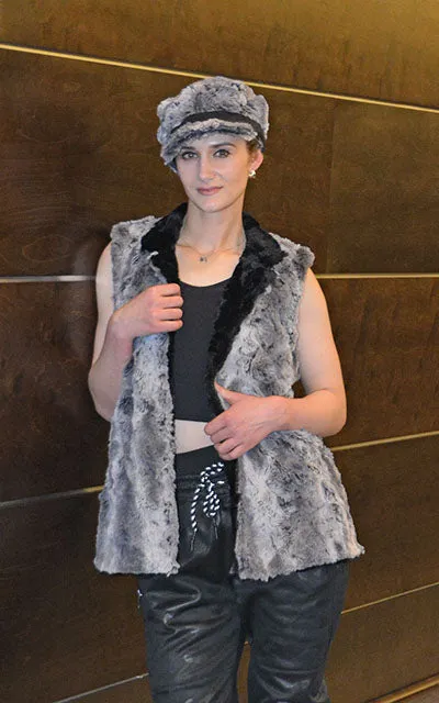 Mandarin Vest Short, Reversible less pockets - Luxury Faux Fur in Seattle Sky with Cuddly Fur in Black