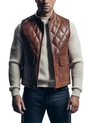 Men's Brown Quilted Crest Leather Vest