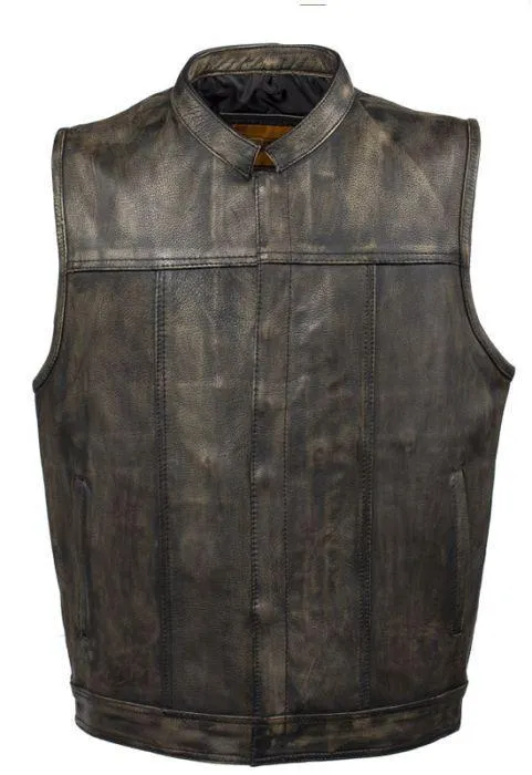 Mens Distressed Brown Leather Motorcycle Club Vest, MV8017-ZIP-12-DL