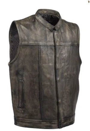 Mens Distressed Brown Leather Motorcycle Club Vest, MV8017-ZIP-12-DL