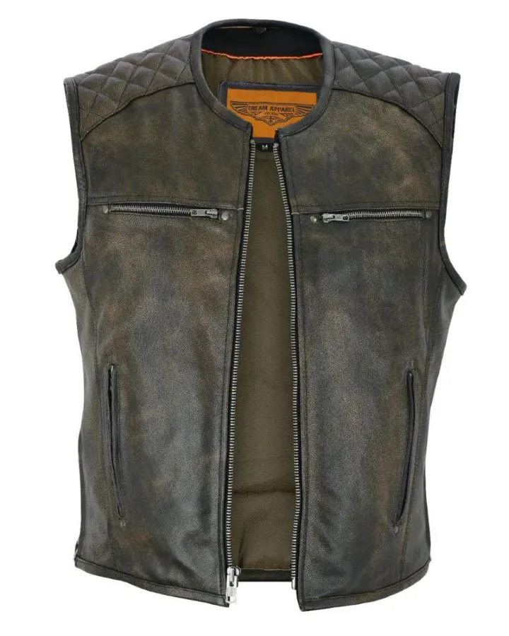 Mens Retro Brown Premium Naked Leather Vest Padded Shoulders, Side Zippers for Comfort Fit