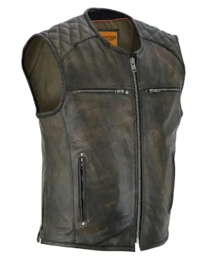 Mens Retro Brown Premium Naked Leather Vest Padded Shoulders, Side Zippers for Comfort Fit