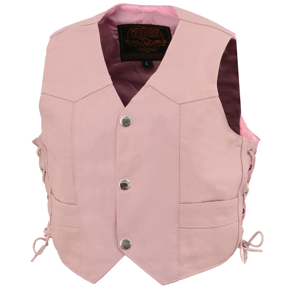 Milwaukee Leather SH2011LPNK Girls Pink Classic Three Snap Leather Vest