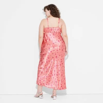 New - Women's Satin Lace Trim Midi Slip Dress - Wild Fable Salmon Pink Floral XXL