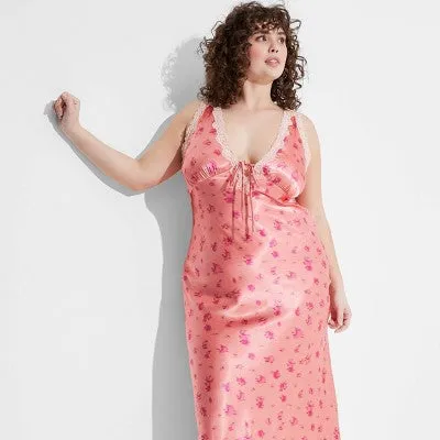 New - Women's Satin Lace Trim Midi Slip Dress - Wild Fable Salmon Pink Floral XXL