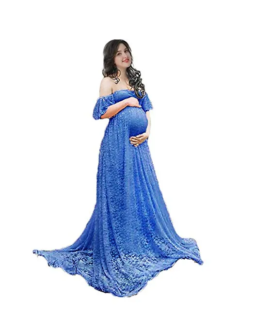 Off Shoulder Ruffle Sleeve Lace Maternity Gown Plus Maxi Photography Dress