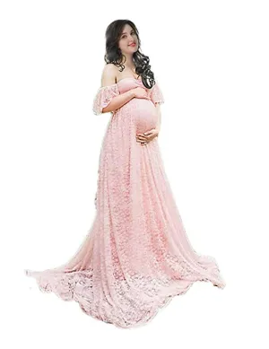 Off Shoulder Ruffle Sleeve Lace Maternity Gown Plus Maxi Photography Dress